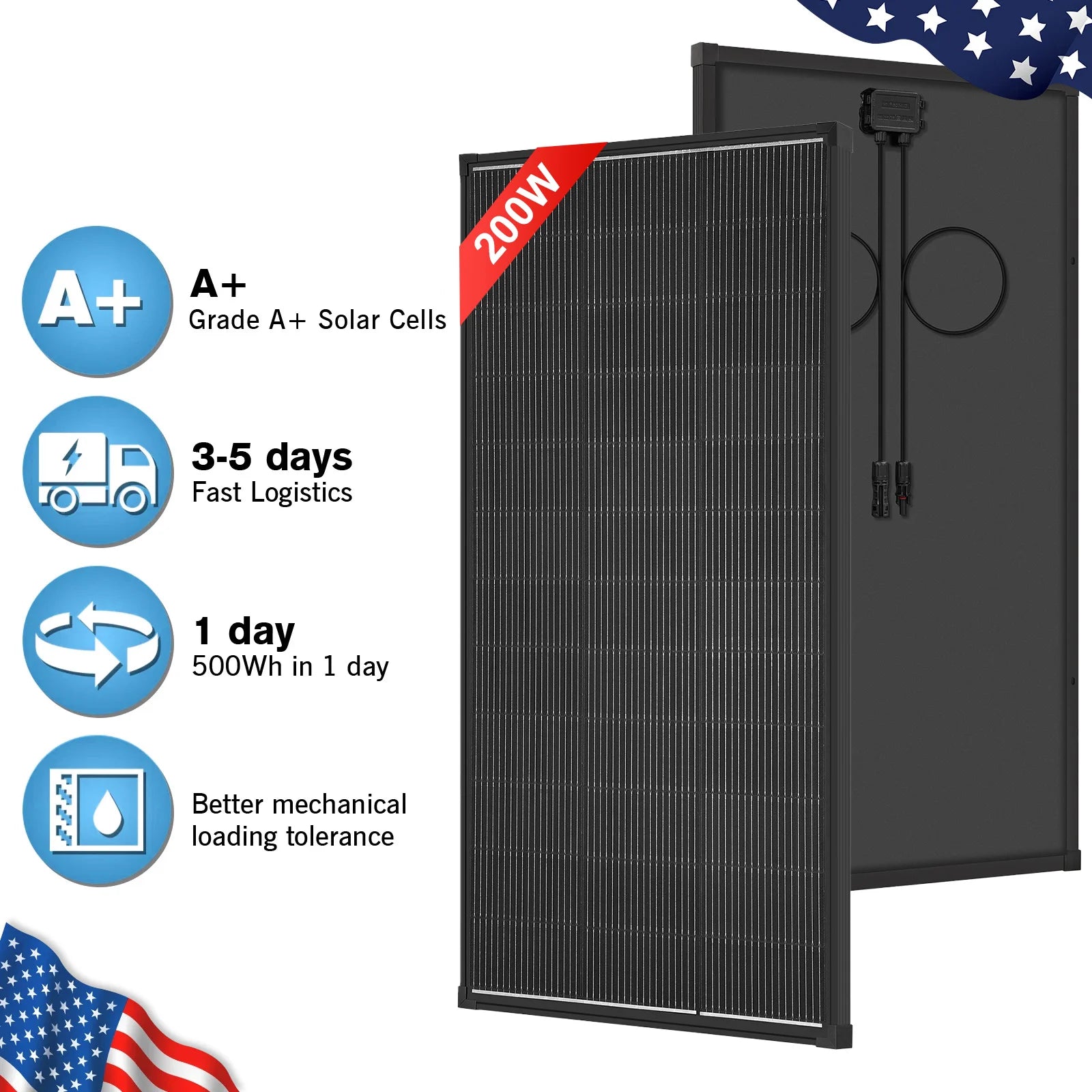 12V 200W N-Type 18BB Solar Panel, High Efficiency 25% Solar Cell A+ PV Module IP68 Junction Box, Portable Solar Panel for RV Camper Boat Rooftop Off Grid Power