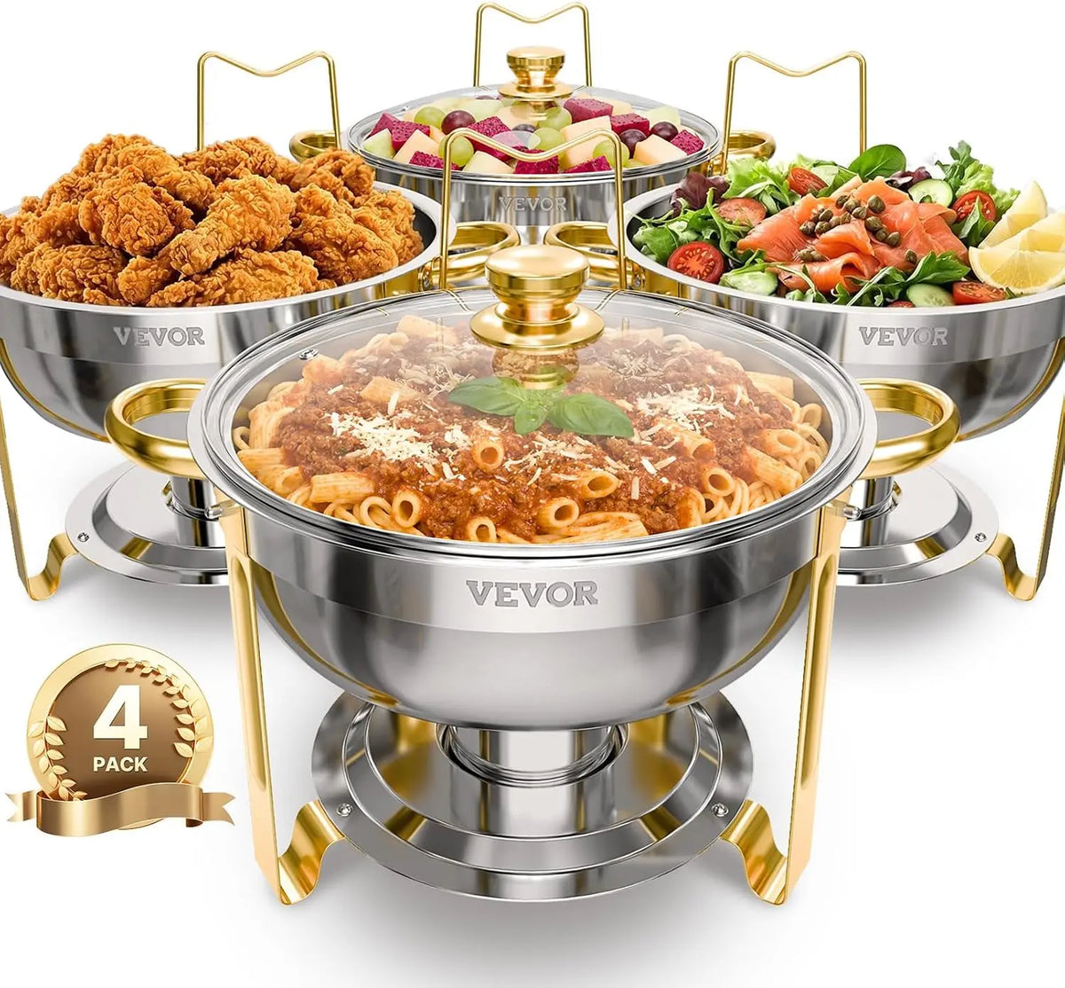 Chafing Dish Buffet Set, 5 Qt 4 Pack, Round Catering Warmer Server with Glass Lid Water Pan, Folding Stand Fuel Holder