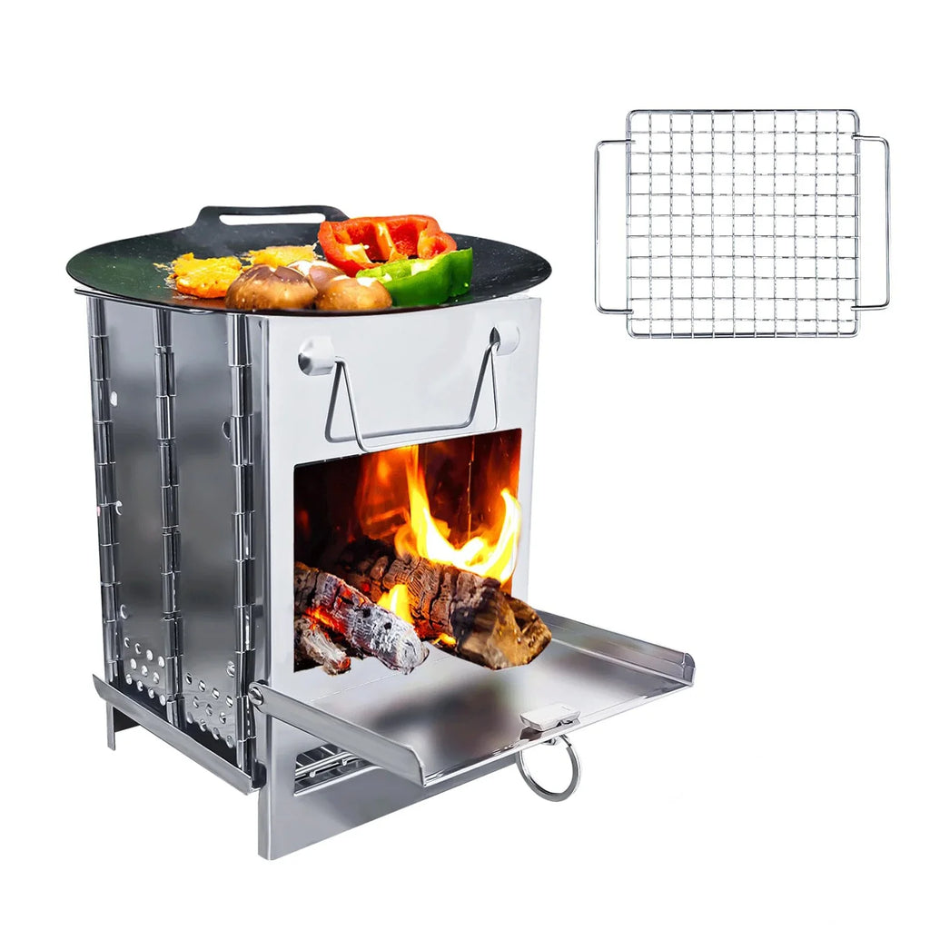 Wood Burning Folding Camp Stove, Stainless Steel Grid,