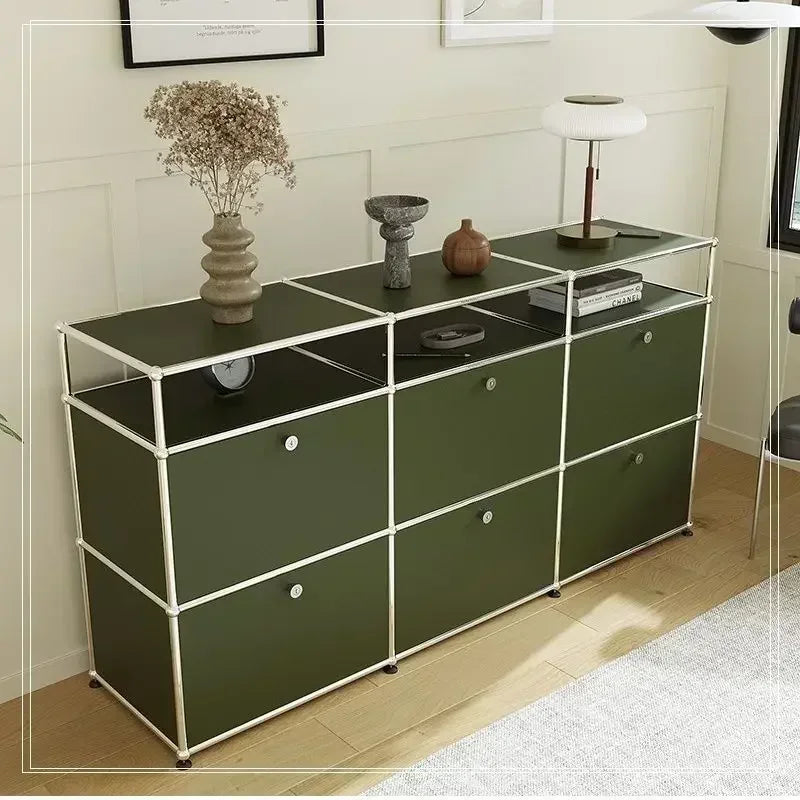 Olive Green Sideboard Storage Cabinets, Modular Combination Metal Frame for Living Room, Office