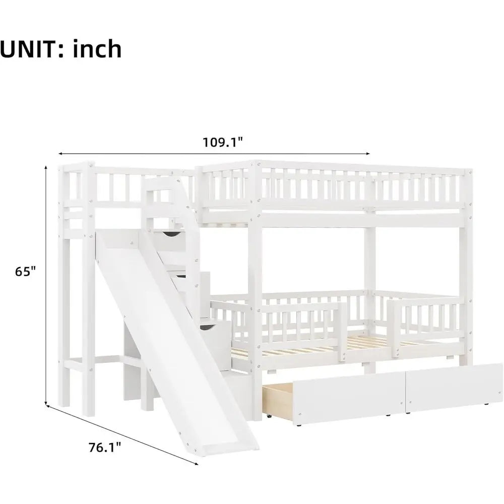 RUNNA Twin Over Twin Bunk Bed with Slide, Storage Drawers & Staircase, Solid Pine Wood, No Box Spring Needed,