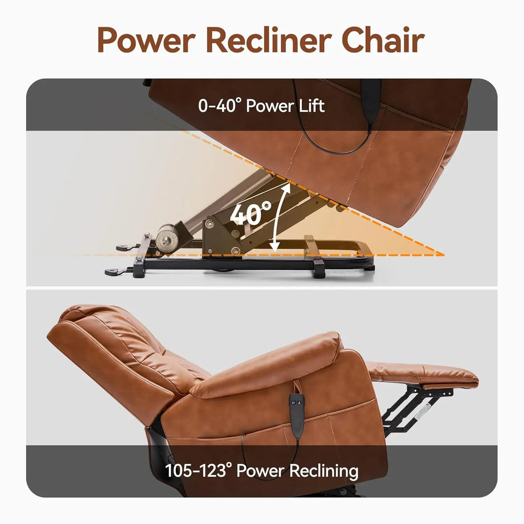 Power Lift Faux Leather Recliner, Massage, Heat, Dual Cup Holders, Side Pockets