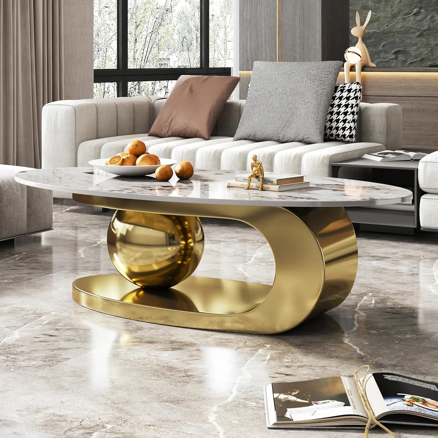 Modern Coffee Table with Silver Stainless Steel Pedestal, Oval Living Room Table with Faux Marble Top