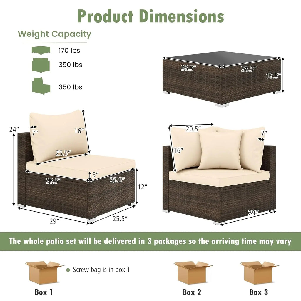 7 Pieces Wicker Patio Furniture Set, All-Weather Outdoor Rattan Sectional Sofa Set with Cushions & Tempered Glass,
