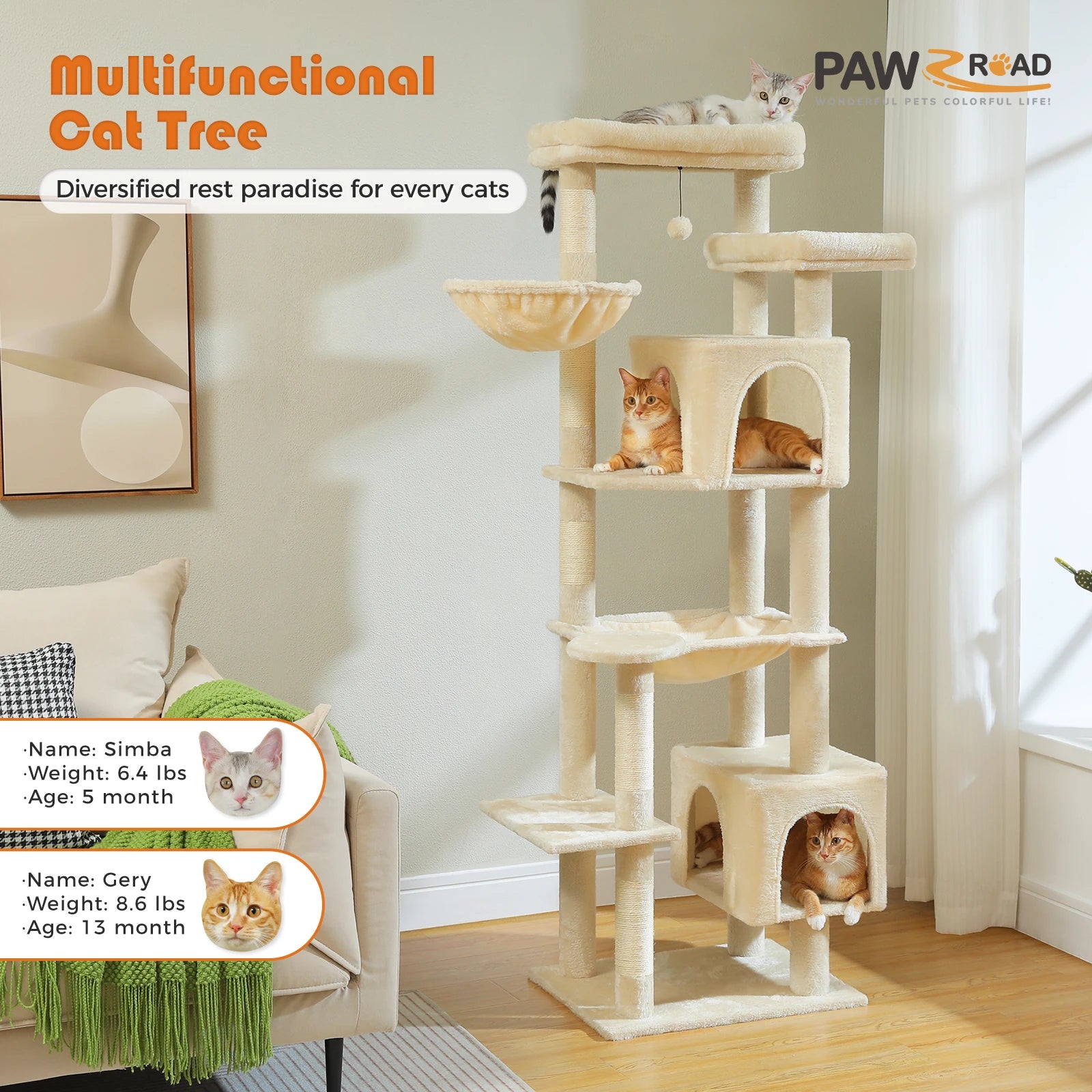 Tall Cat Tree for Indoor Cats Big Cat Tower with Super Large Hammock, Cat Climbing Tree with Scratching Posts Condo House