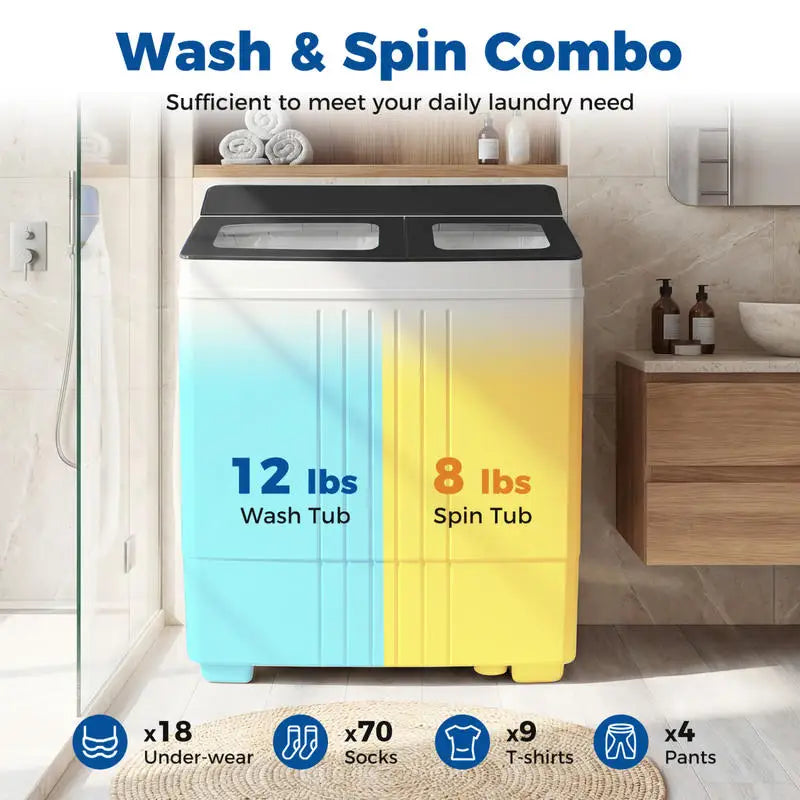 Portable Washing Machine with 12 LBS Washer and 8 LBS Spinner Combo for Apartments-Gray