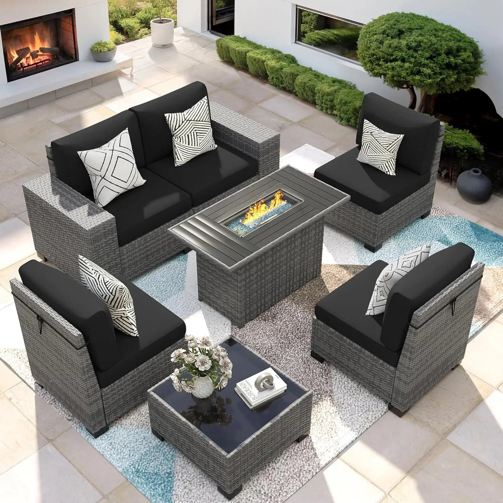 Patio Furniture Set with Fire Pit Table, 7 Piece Outdoor Sectional Conversation Sets Wicker Rattan Sectional Sofa,