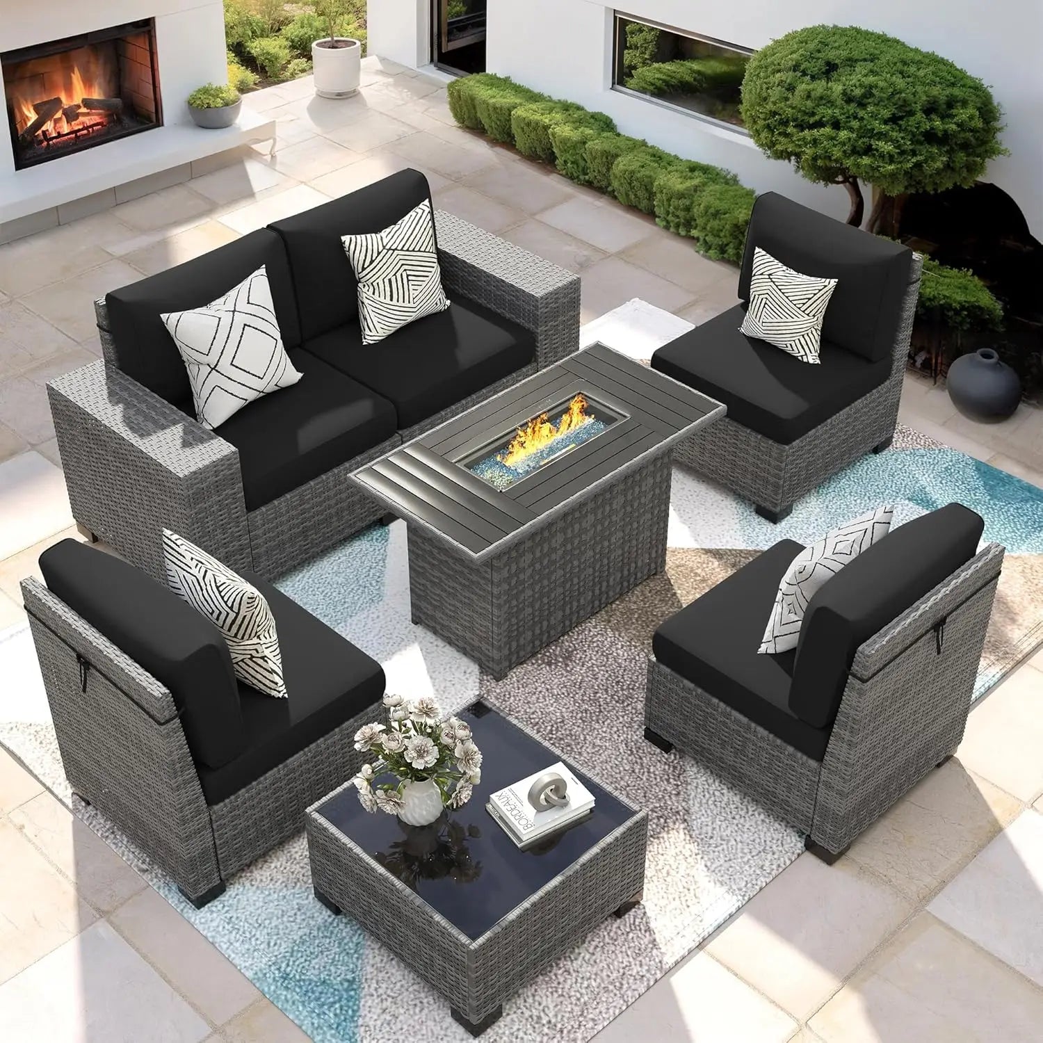 Patio Furniture Set with Fire Pit Table, 7 Piece Outdoor Sectional Conversation Sets Wicker Rattan Sectional Sofa,