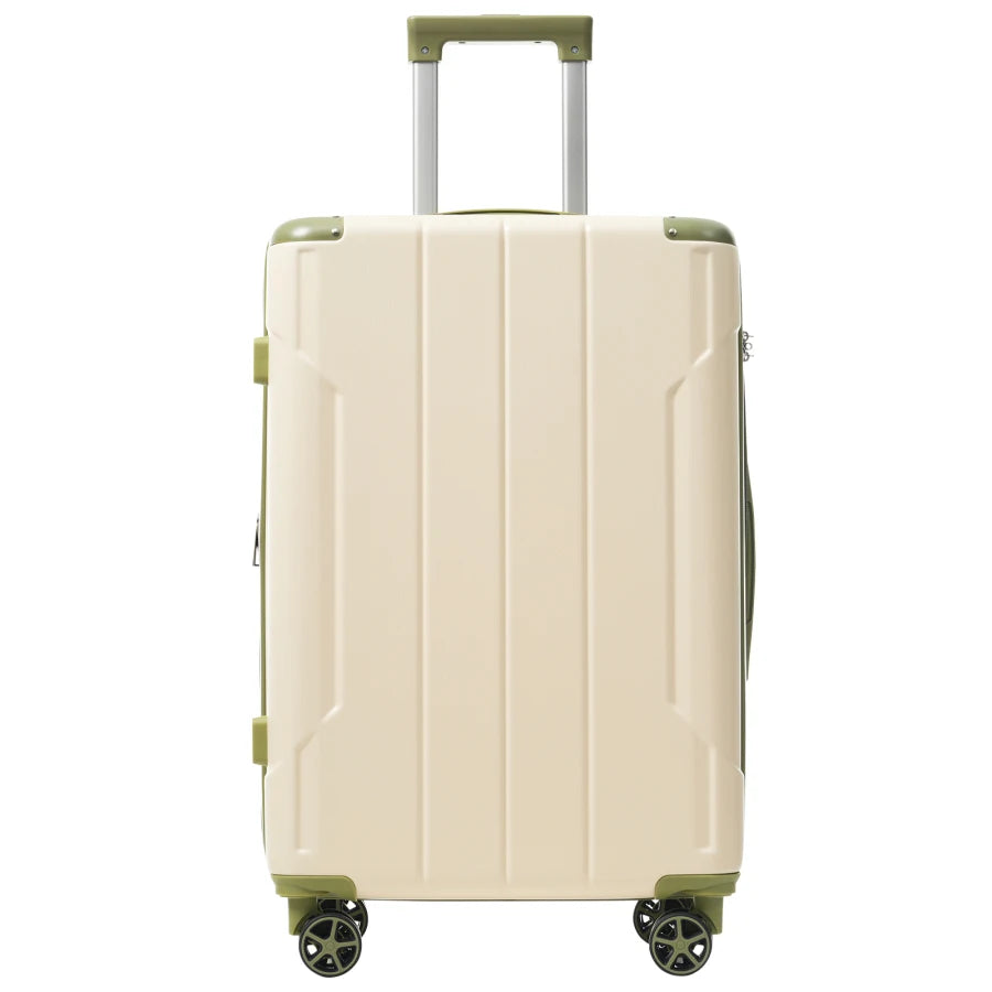 Hardshell luggage for checked travel, ABS material, white and green color, lightweight durable with double wheels and expandabl