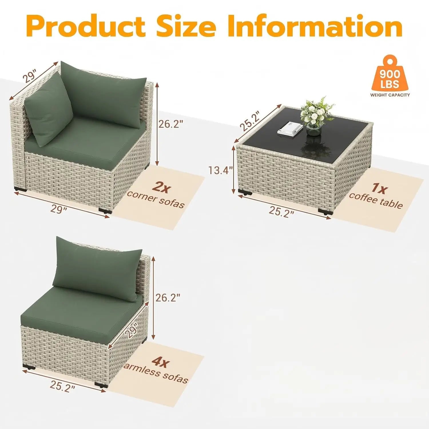 Outdoor Patio Furniture Set, 7 Pcs PE Wicker Sectional Sofa with Tea Table,