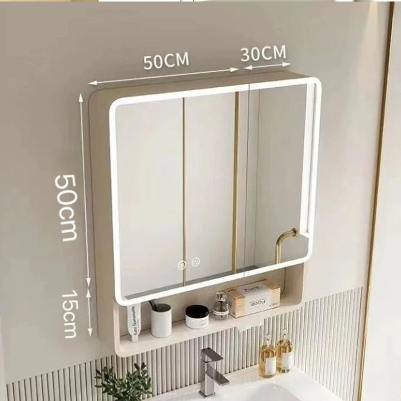 Nordic European Style LED Anti-Fog Wall Mount Smart Bathroom Mirror Cabinet