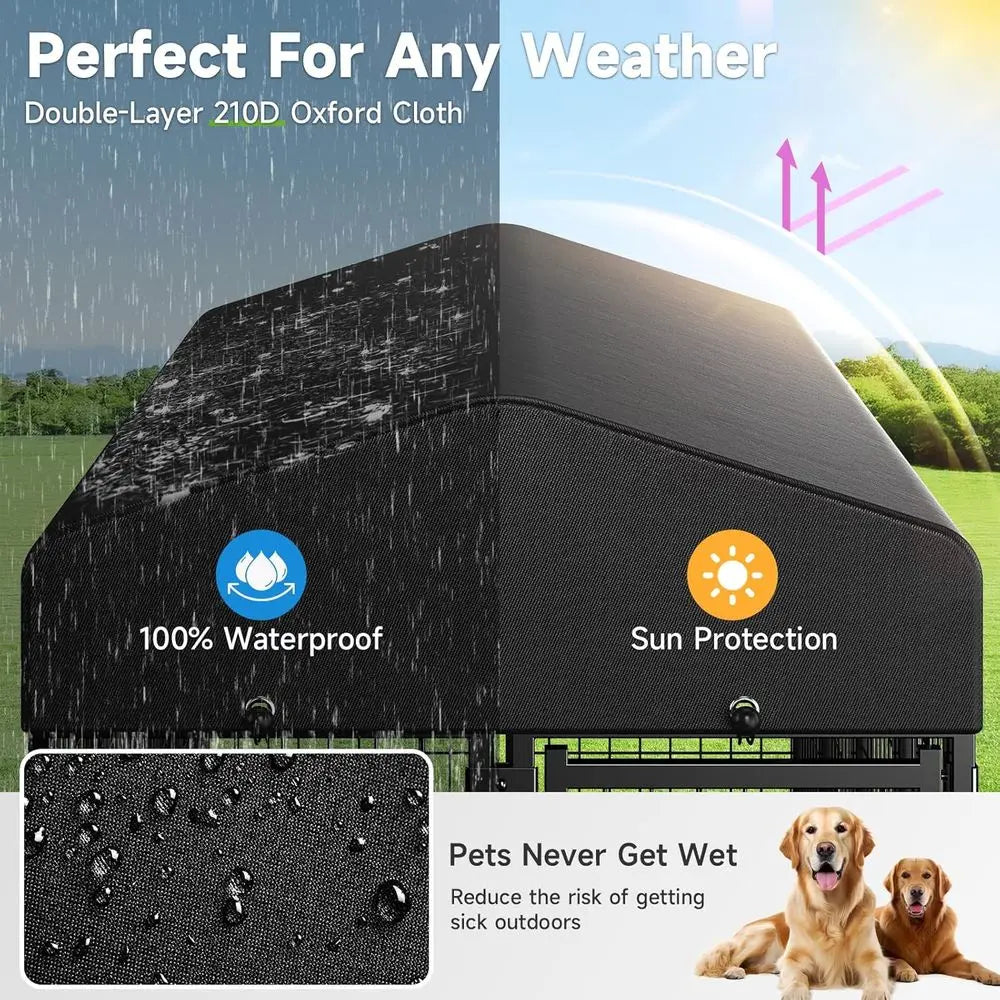 Outdoor Dog Kennel with Roof & Swivel Feeders and Removable Dog Door, Dog Enclosure Run for Medium Large Dogs (5'L x 5'W x 5'H)