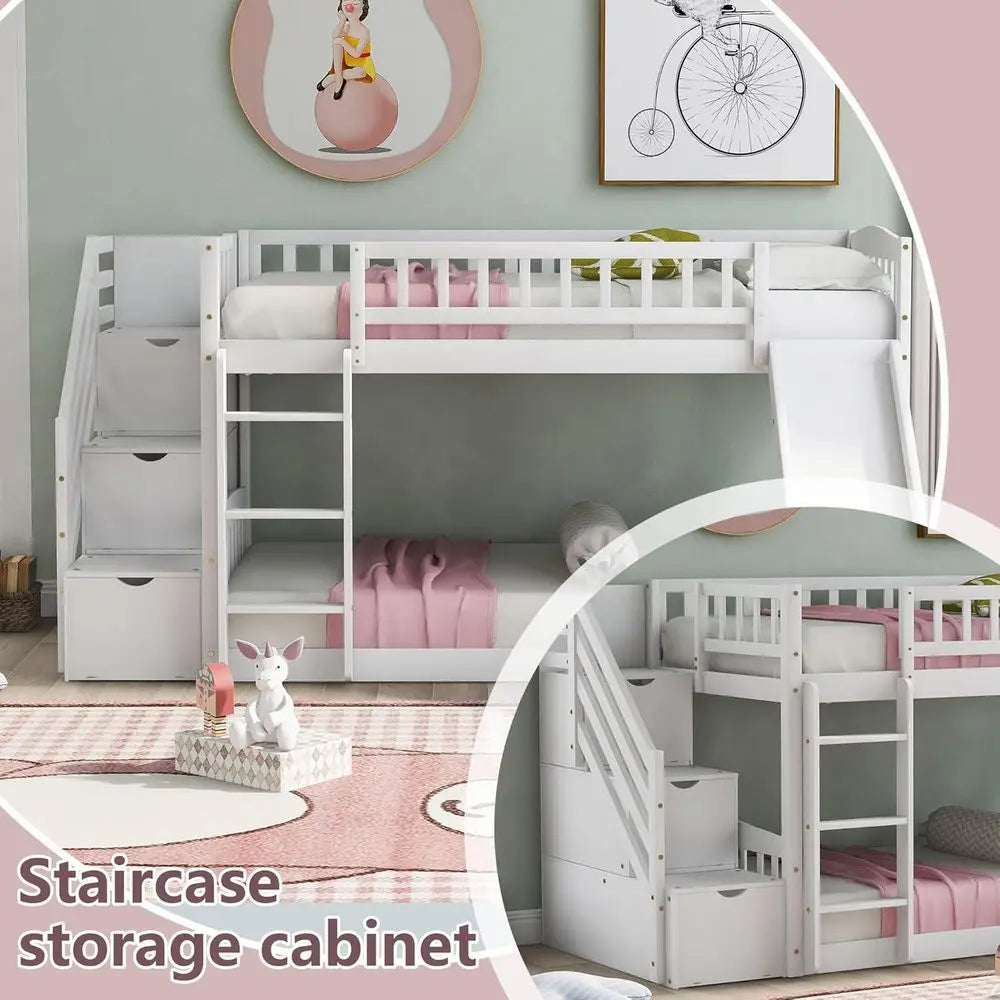 Bellemave Wood Bunk Beds with Slide, Twin Over Twin Low Bunk Bed Frame with Storage Drawers, Stairway
