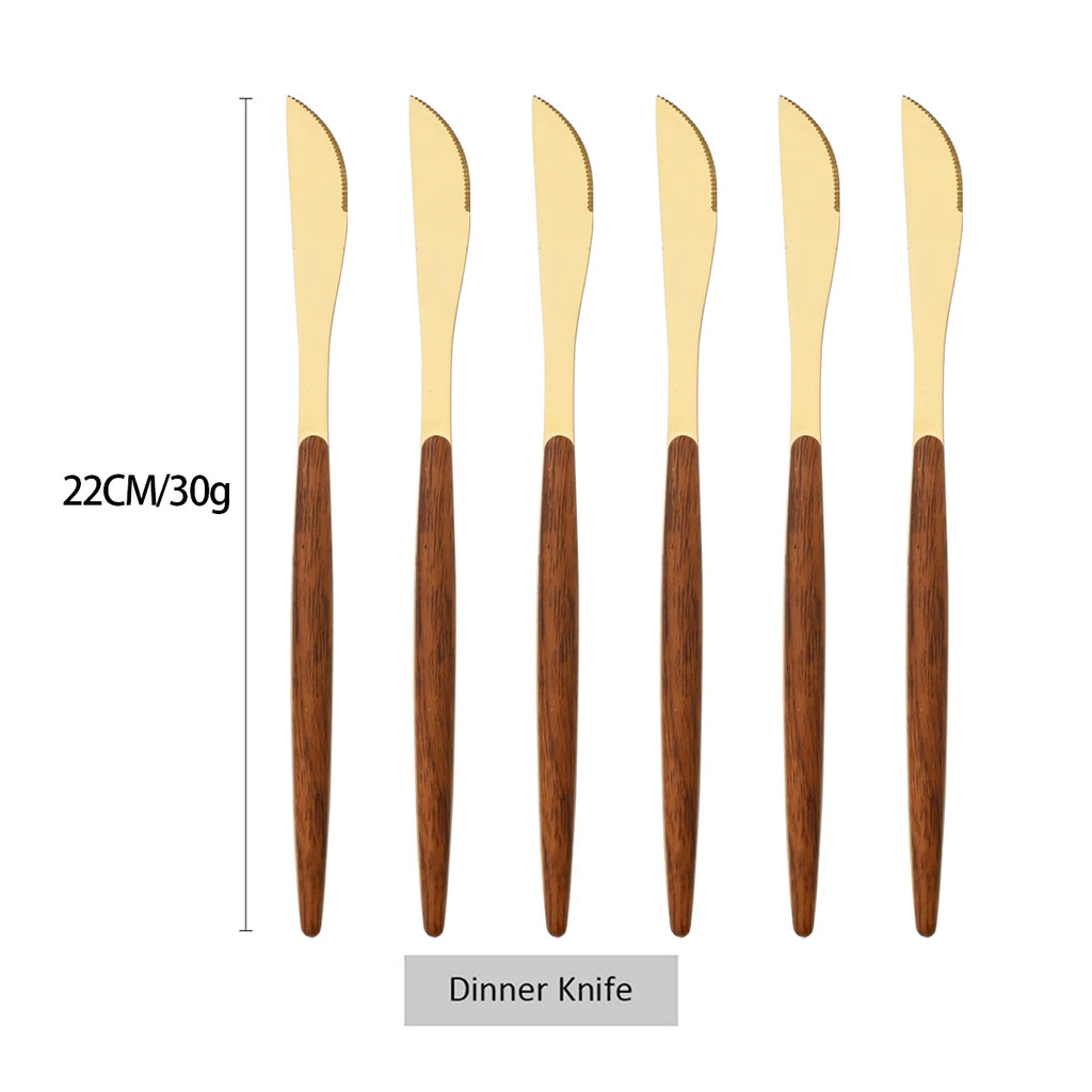 6/30Pcs Imitation Wooden Handle Cutlery Set Knife Cake Fork Coffee Spoons Tableware Stainless Steel Dinnerware Western Flatware