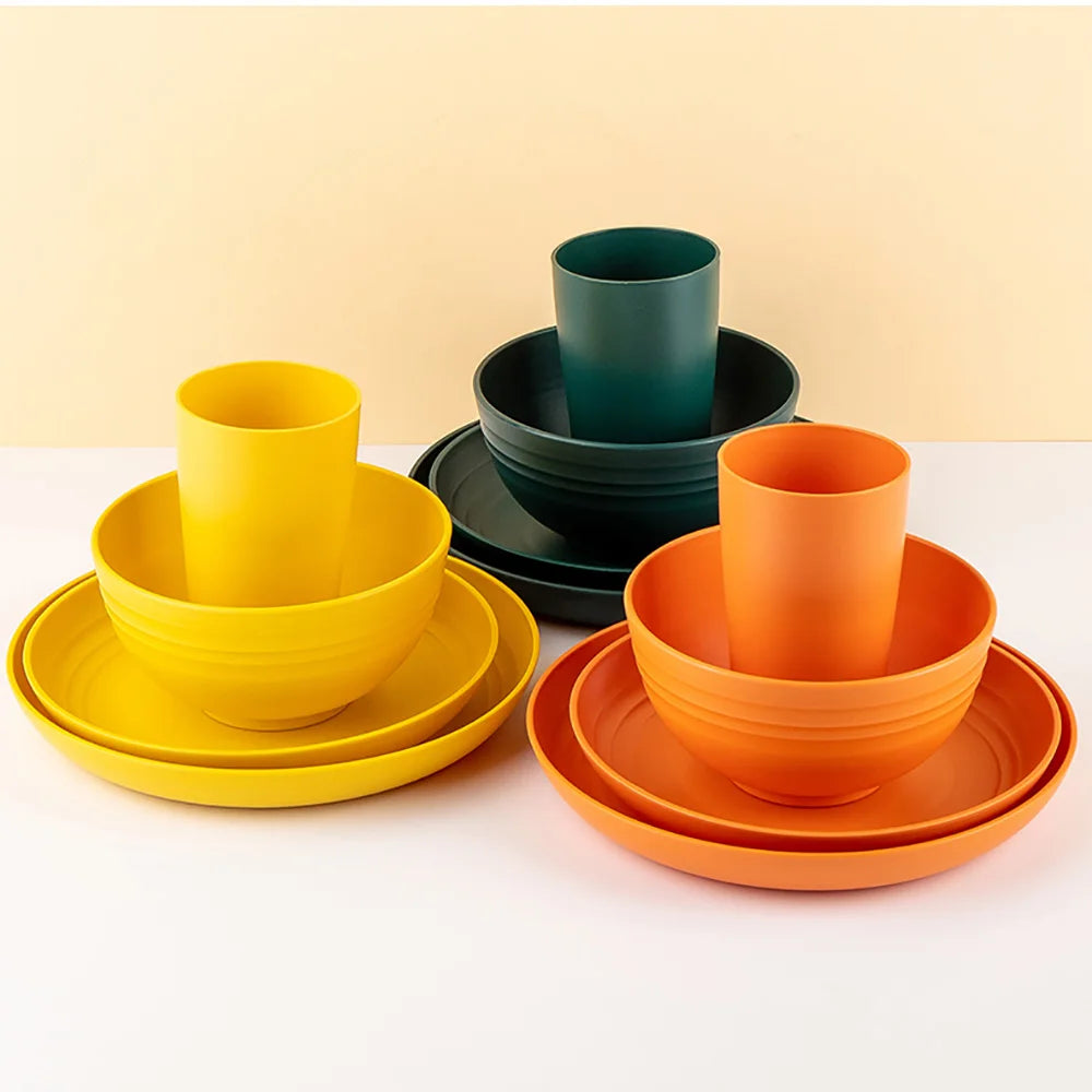 4/16Pcs Black Plastic Set Reusable Plates, Bowl, Cups 4 Sets for Kitchen Outdoor Camping