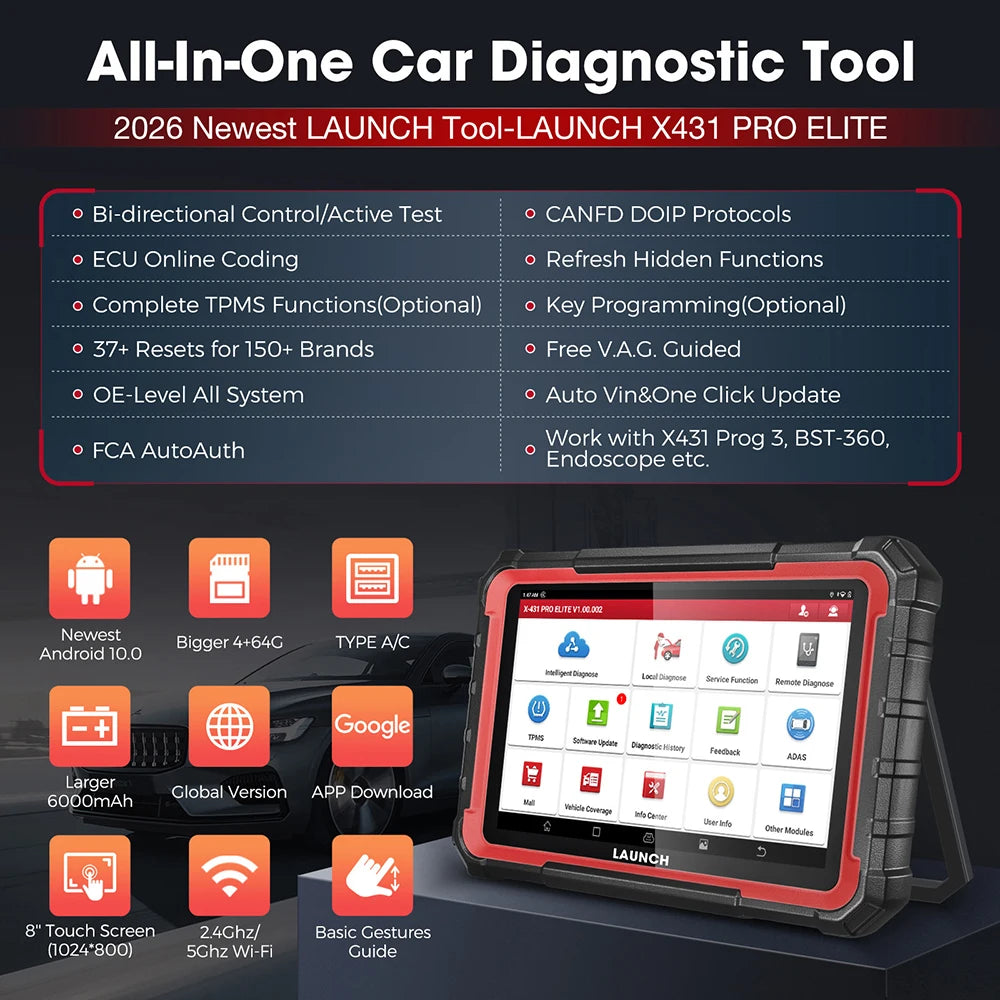 LAUNCH X431 PRO ELITE 8' inch Car Diagnostic Tools Auto OBD OBD2 Scanner CAN FD/DOIP ECU Coding Bi-Directional PK CRP919E BT