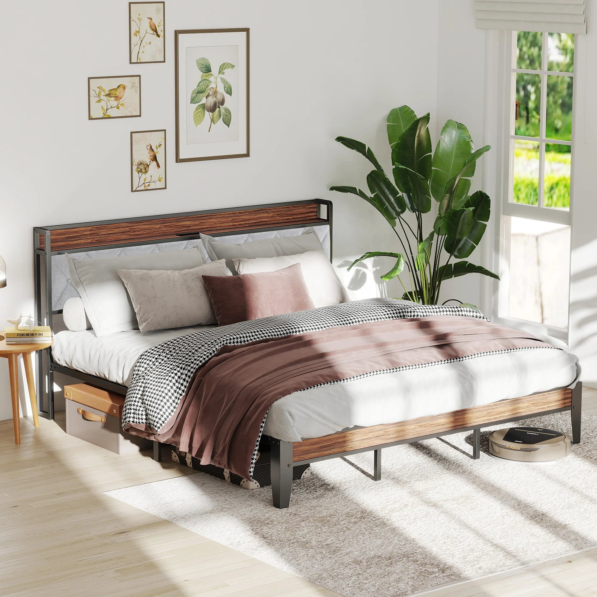 JHK Soft Pack Heavy Duty Metal Bed Frame with Headboard Charging Station, 1100lbs Capacity
