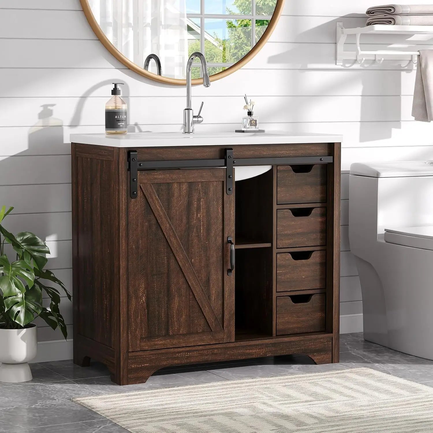 36" Bathroom Vanity with Sink Combo, Farmhouse Sliding Barn Door Bathroom Vanities w/Resin Basin & 4 Drawers,, Custom