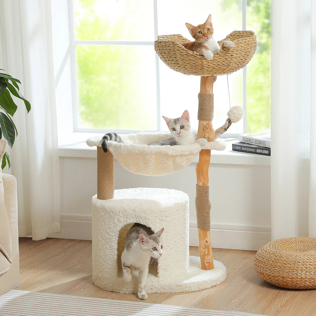 Modern Cat Tree Tower with Natural Solid Wood Scratching Posts Spacious Wicker Basket Luxury Cat Condo Bed
