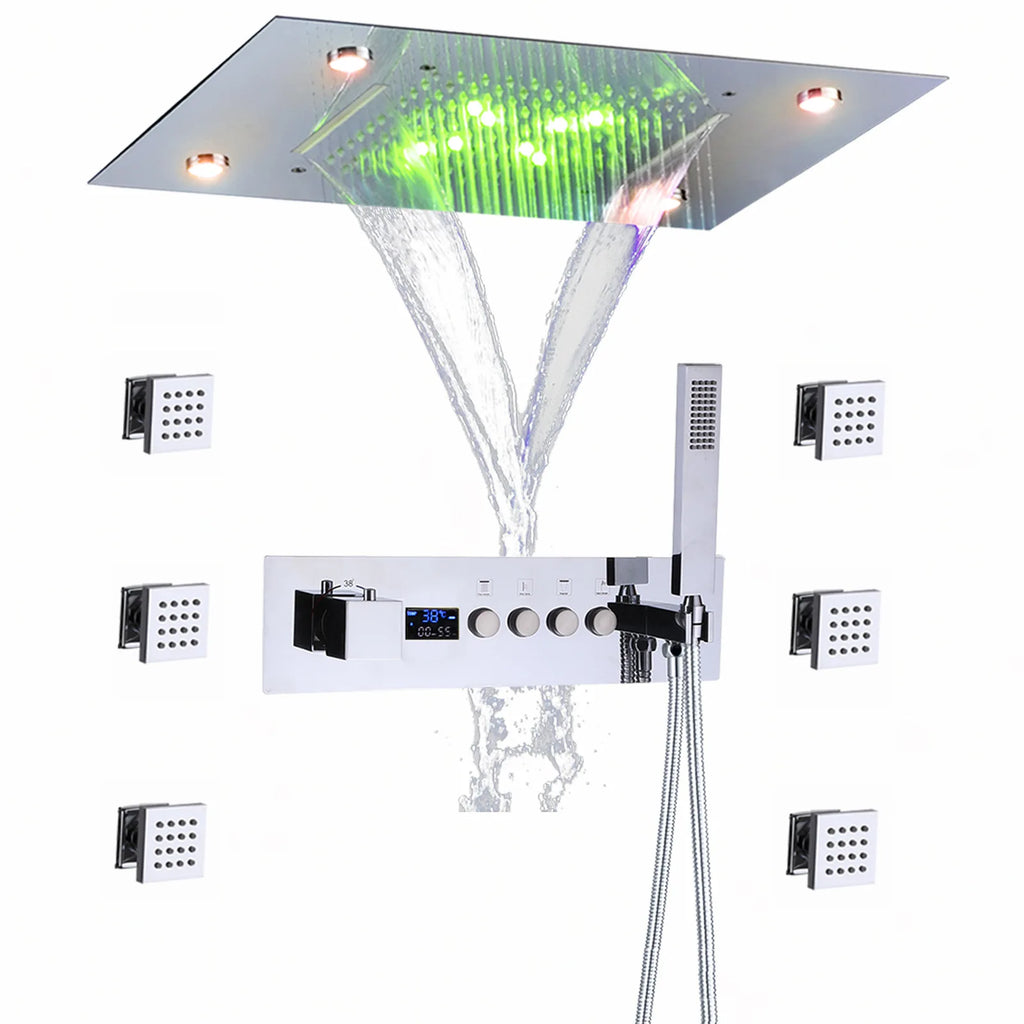 Concealed Brass Shower, LED Thermostatic digital display, showerheads set into the Wall, concealed showerhead in ceiling