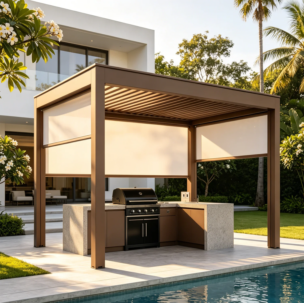 Home Garden Flip Top Aluminum Pergola, Rotatable Louvered Roof Gazebo,