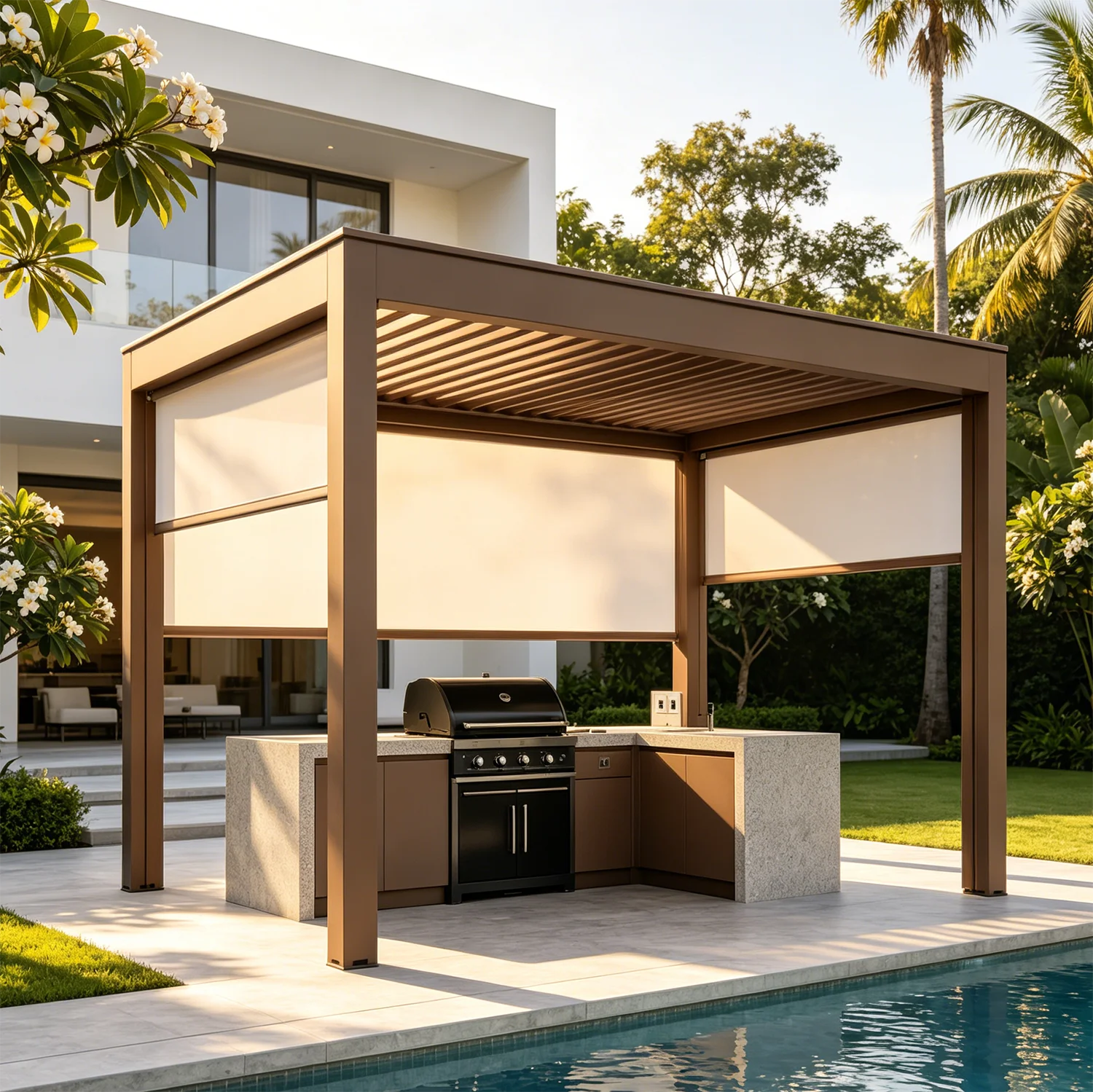 Home Garden Flip Top Aluminum Pergola, Rotatable Louvered Roof Gazebo,