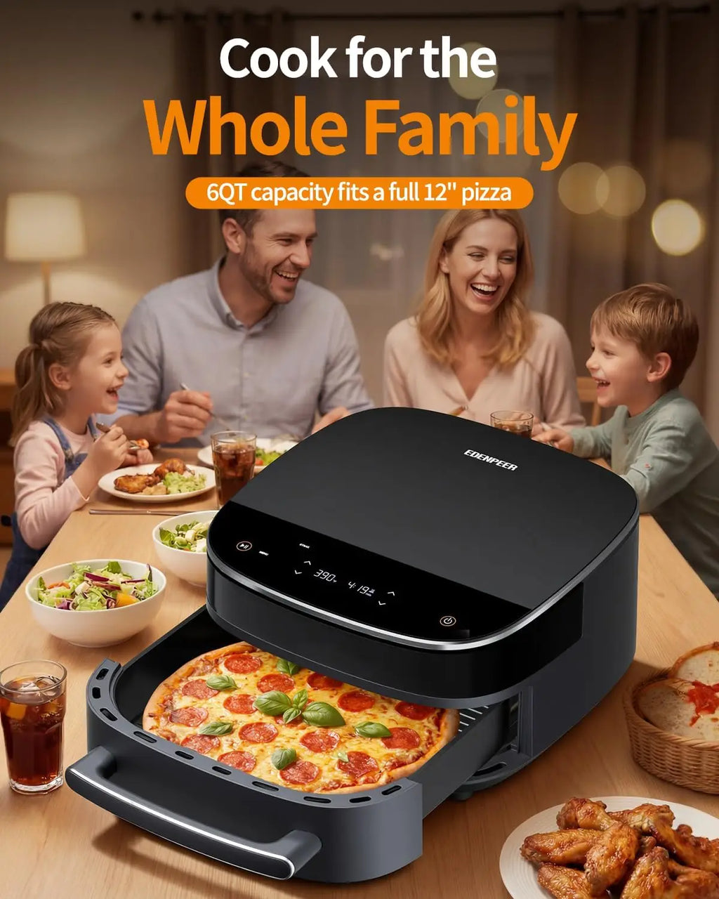 11-In-1 Large Air Fryer, 6QT Airfryer Top & Bottom Heating, No Flip Needed | Flat Wide Air Fryer Fits 12" Pizza 2X Faster