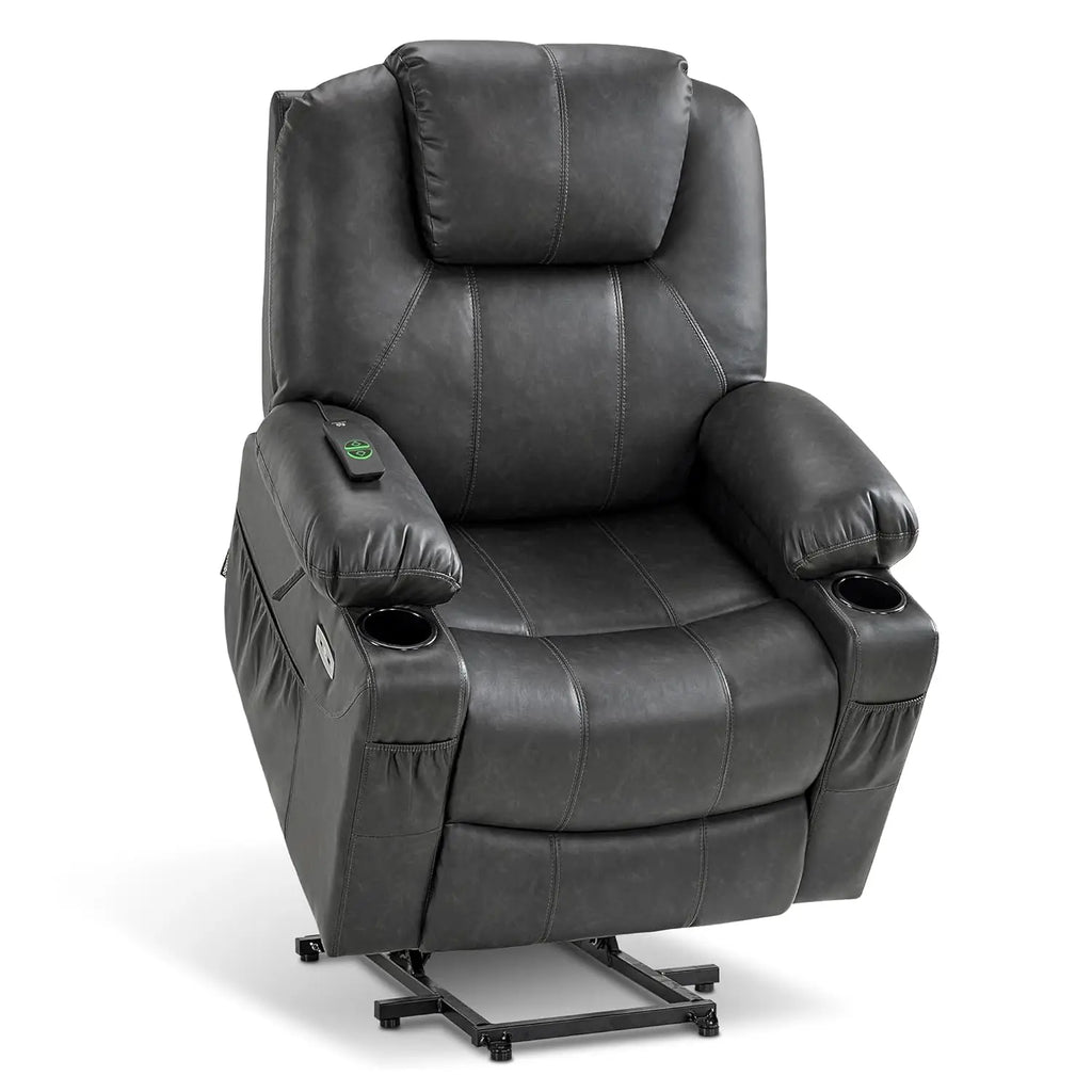 Electric Power Lift Faux Leather Recliner, Massage, Heat, 3 Positions, 2 Pockets, Cup Holder