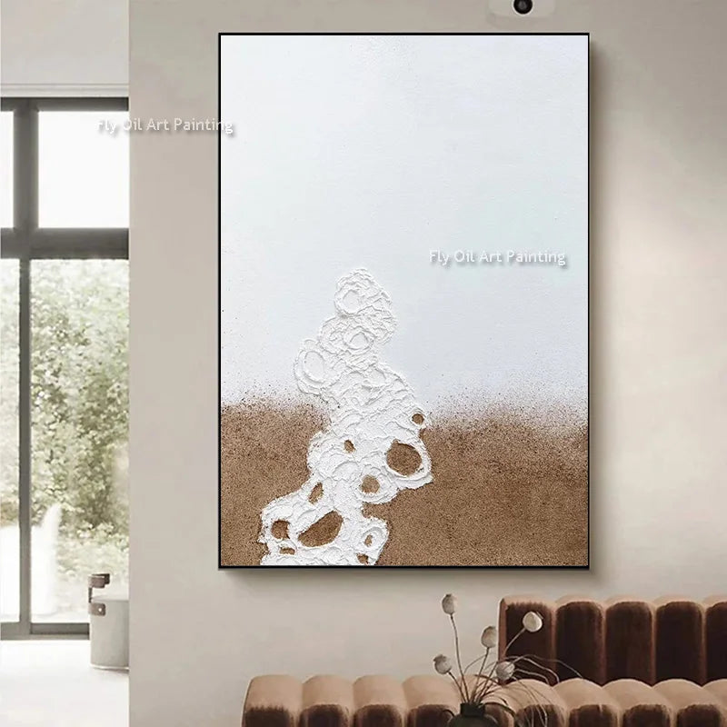 Gray Abstract Wall Art On Canvas Handpainted Brown And White Thick Oil Painting