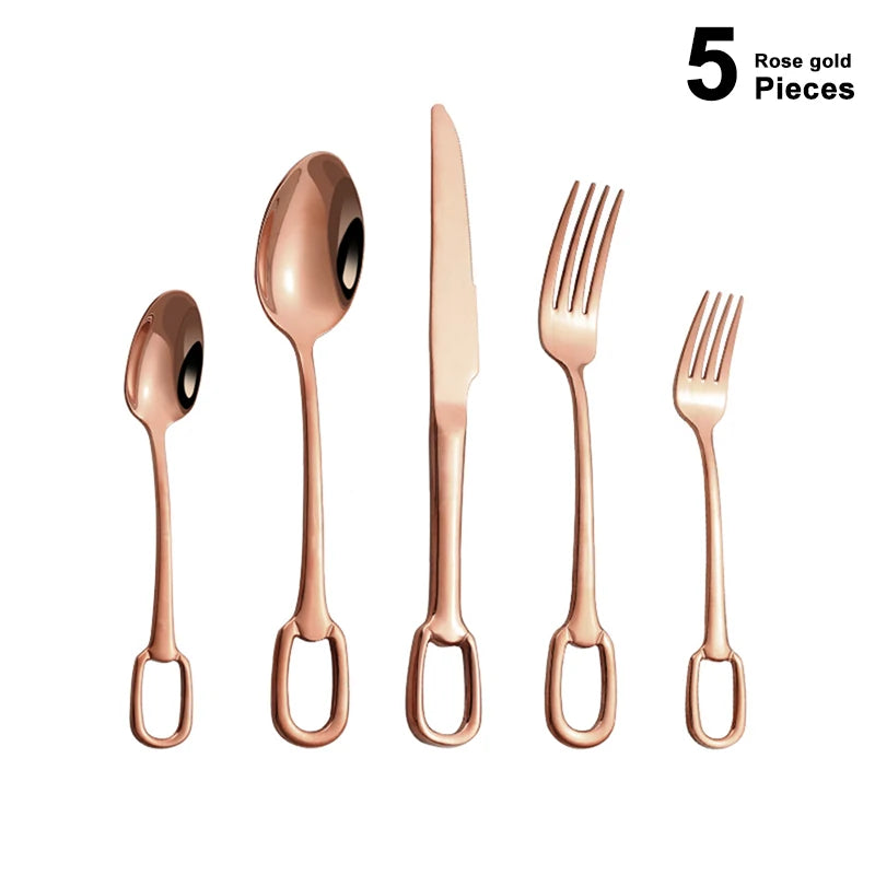 5Pcs Luxury Tableware Set tainless Steel Knife Fork Spoon Cutlery Set Elegant Dinnerware Set Hangable Design Customizable Logo