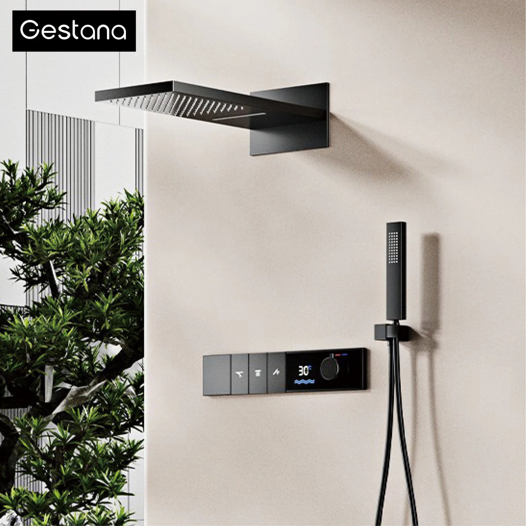 Gunmetal Luxury Brass Built-in Thermostatic Shower System With LED Display Rain&Handheld Wall- Mounted For Bathroom Hot/Cold Tap
