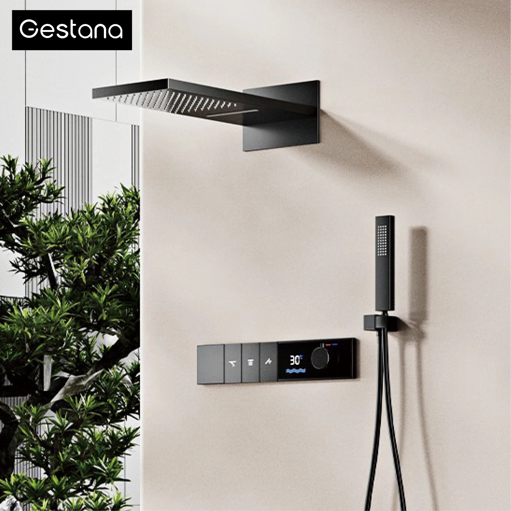 Gunmetal Luxury Brass Built-in Thermostatic Shower System With LED Display Rain&Handheld Wall- Mounted For Bathroom Hot/Cold Tap