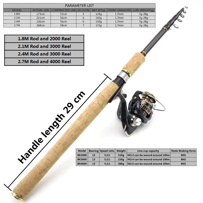 Telescopic Lure Rod with Long Wooden Handle & Spinning Reel Combo,
