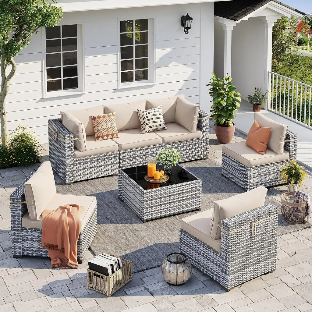 Outdoor Patio Furniture Set, 7 Pcs PE Wicker Sectional Sofa with Tea Table,