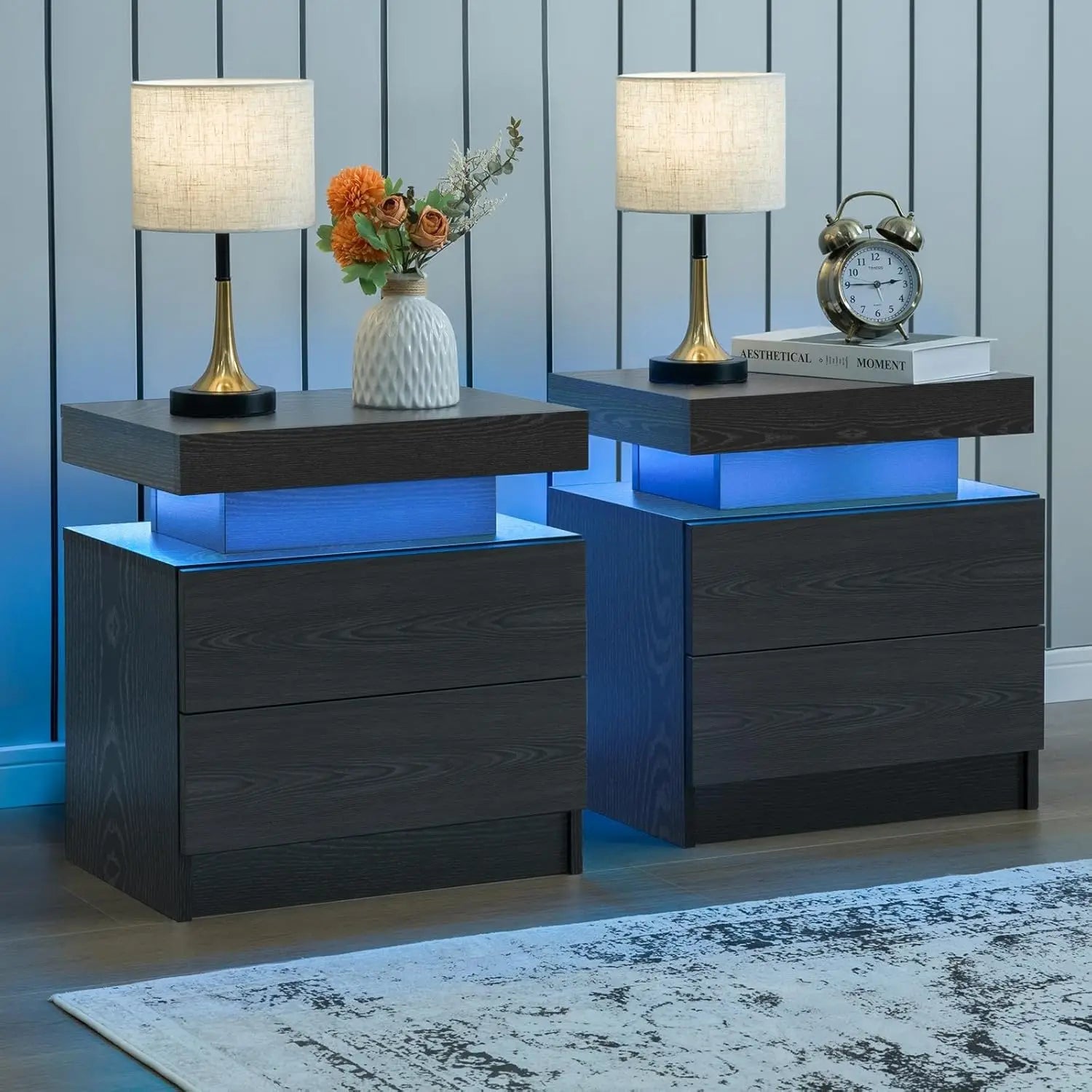 Cubehom Bedroom Nightstand Set of 2 LED Nightstand with 2 Drawers, Nightstand with LED Light