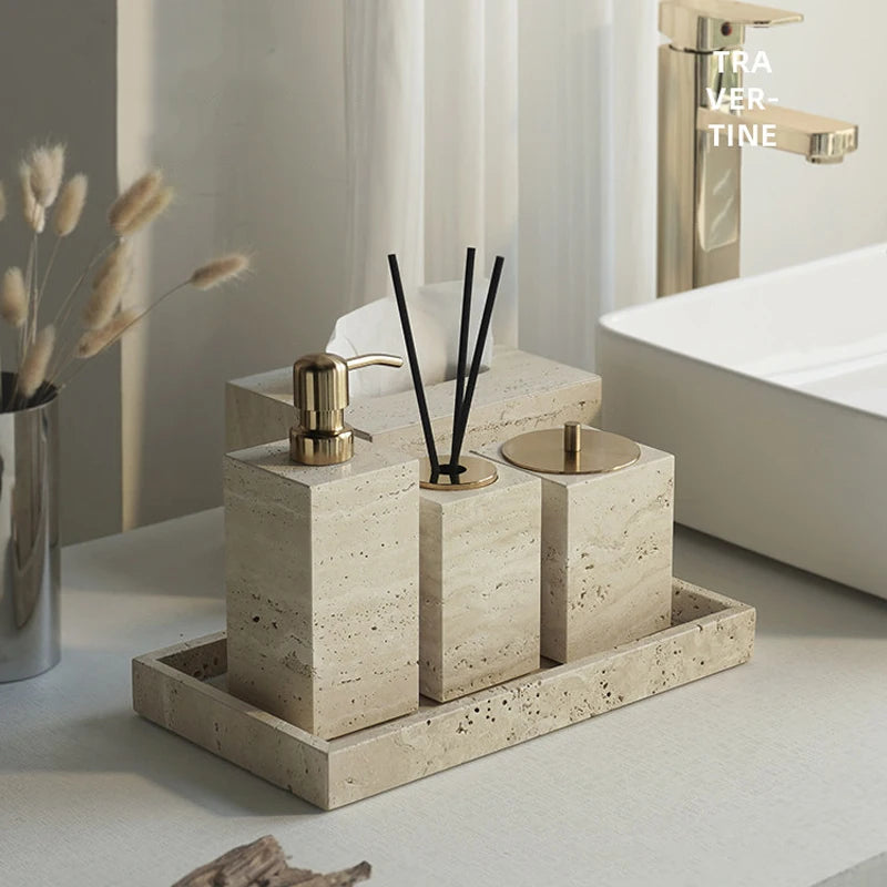 Travertine Bathroom Accessories Set Luxury Soap Dish Soap Dispenser Reed Diffuser Tissue Box Tray Bathroom Set