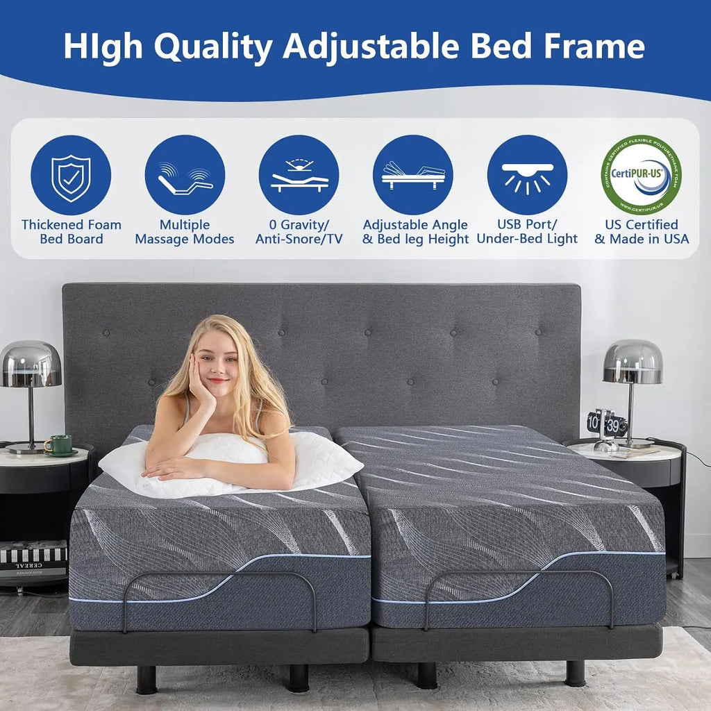 Adjustable Bed Frame with Massage, 14 Inch Gel Memory Foam Mattress,