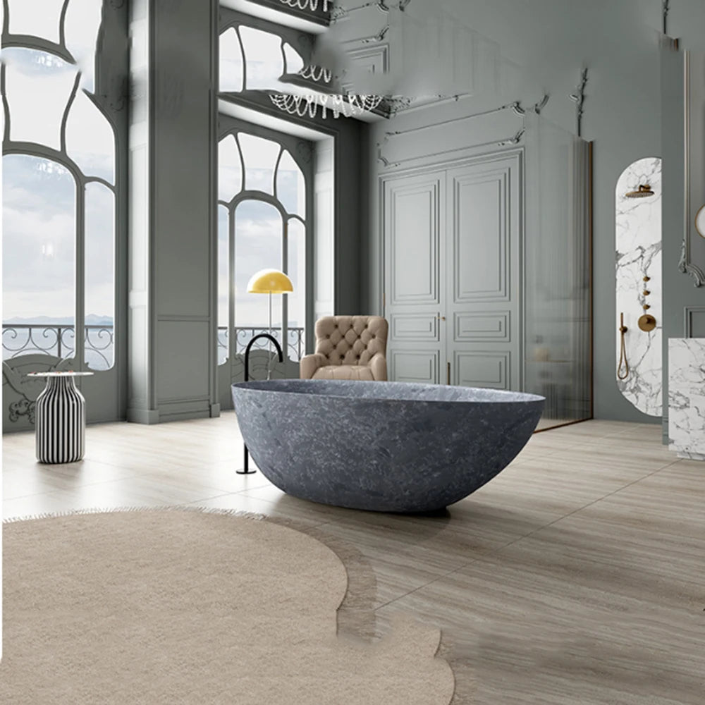 1600mm Dark Blue Grey Marble Grain Artificial Stone Freestanding Oval Double Bathtub for Hotel Home Couple RS110B
