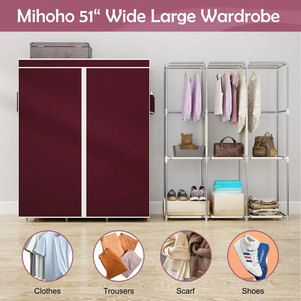 65" Portable Wardrobe Closet with Shelves & Hanging Rod, Large Capacity Cloth Storage Cabinet with Zipper Cover, Dustproof Non-Woven Fabric Organizer