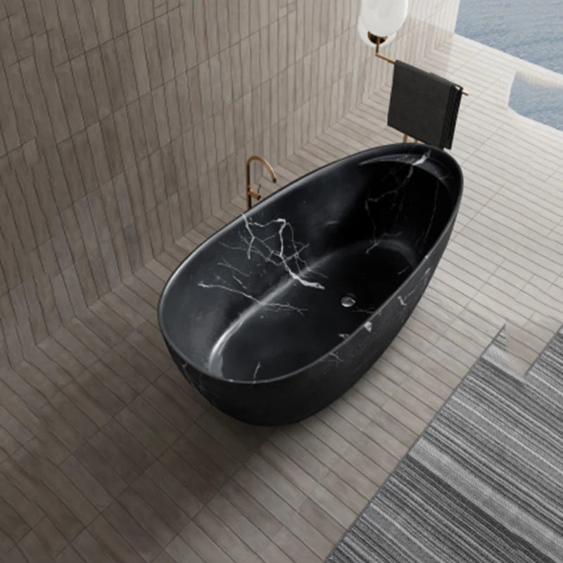 1700x750x540mm Bathroom Artificial Stone Freestanding Stone Bathtub, Black with White Veins