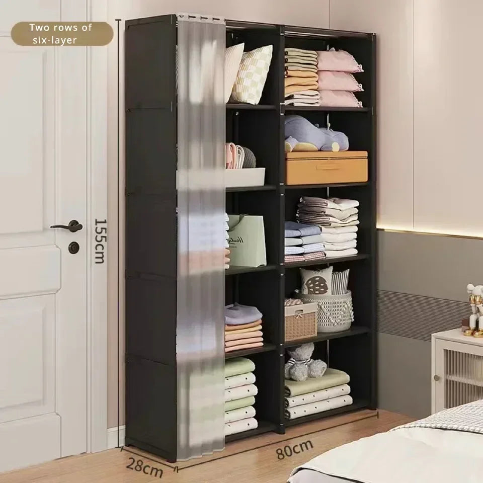 Multi-layer Storage Rack Dustproof Wardrobe Storage Cabinet Multifunctional with Curtains Portable Clothes Organizer Cabinet