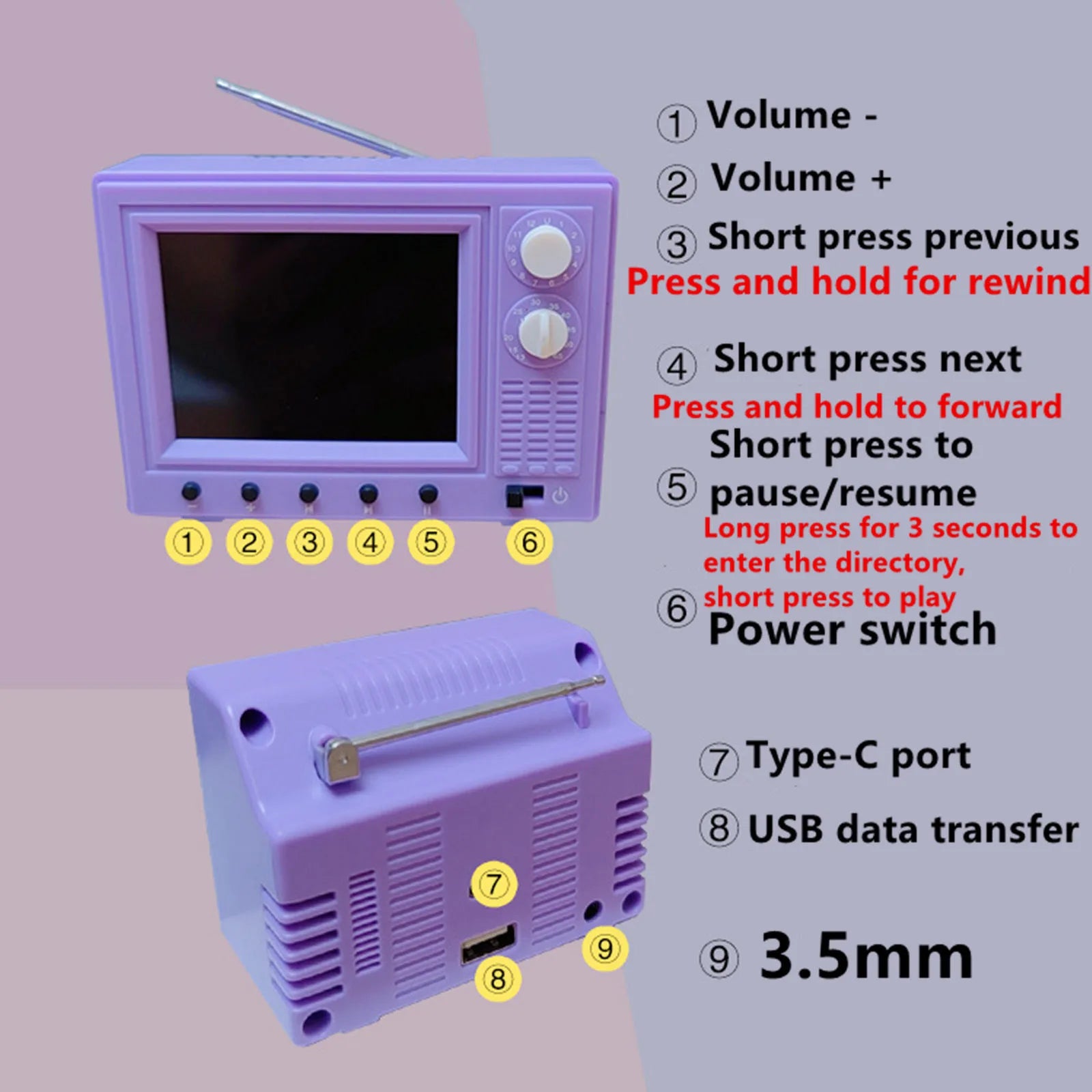 1/12 Dollhouse Mini TV with USB Port 2.4 Inch Screen 8GB Memory 600mAh Battery Miniature LCD Television for Dollhouse Furniture