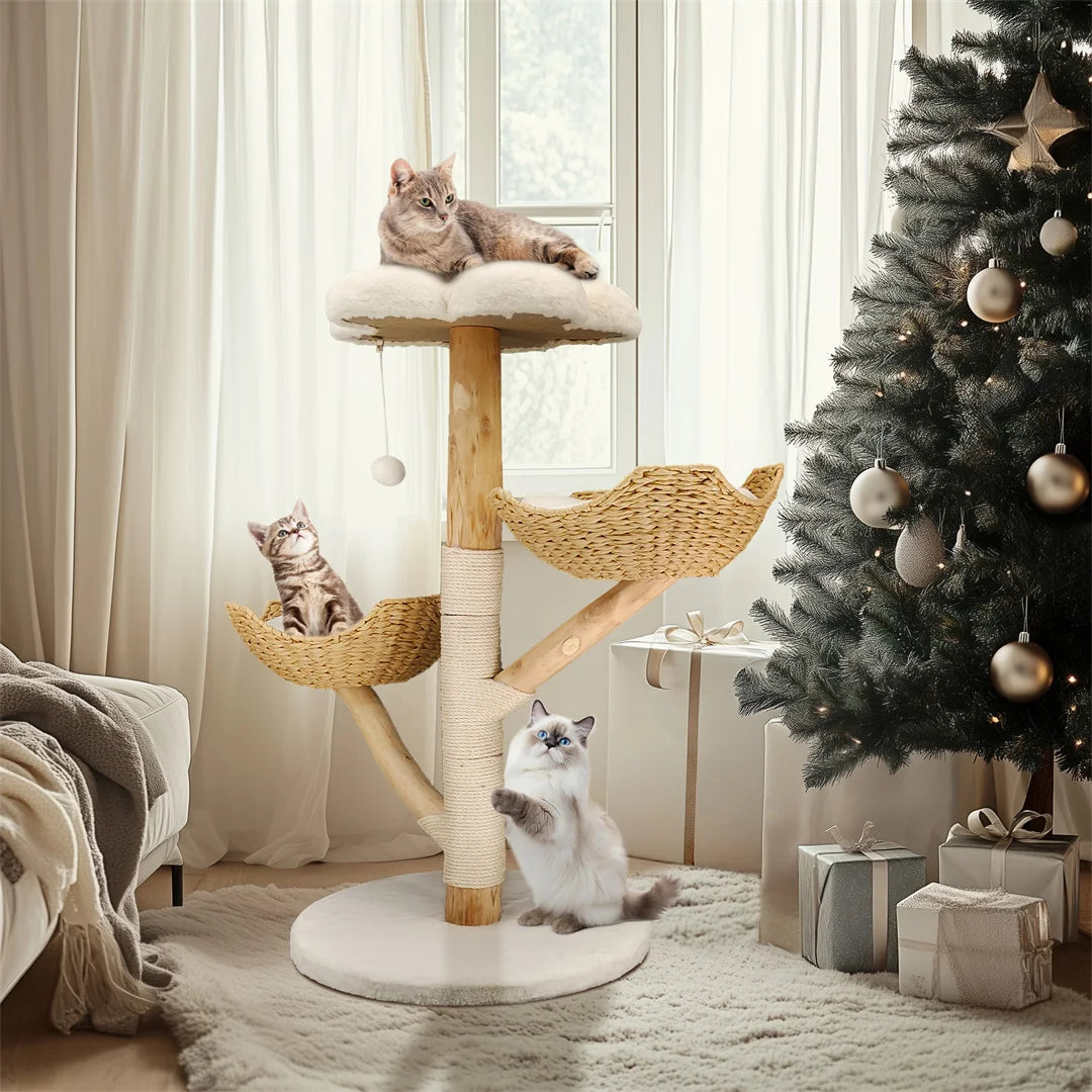 110cm Modern Cat Furniture Climbing Tree Solid Wood Activity Center with Scratching Post