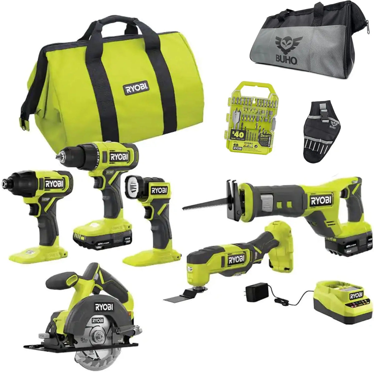 6 Power Tools Combo Kit Bundle with Tool Bag, and Holster, 6 Ryobi Tools, 2 Batteries, Charger, and 40 Piece Drill Bit Set