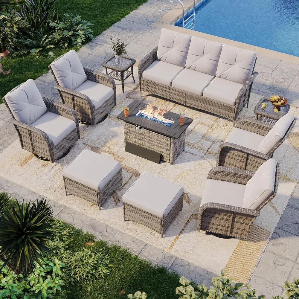 Grey Wicker Rattan Outdoor Patio Furniture Set 10-Piece with Fire Pit, Table,
