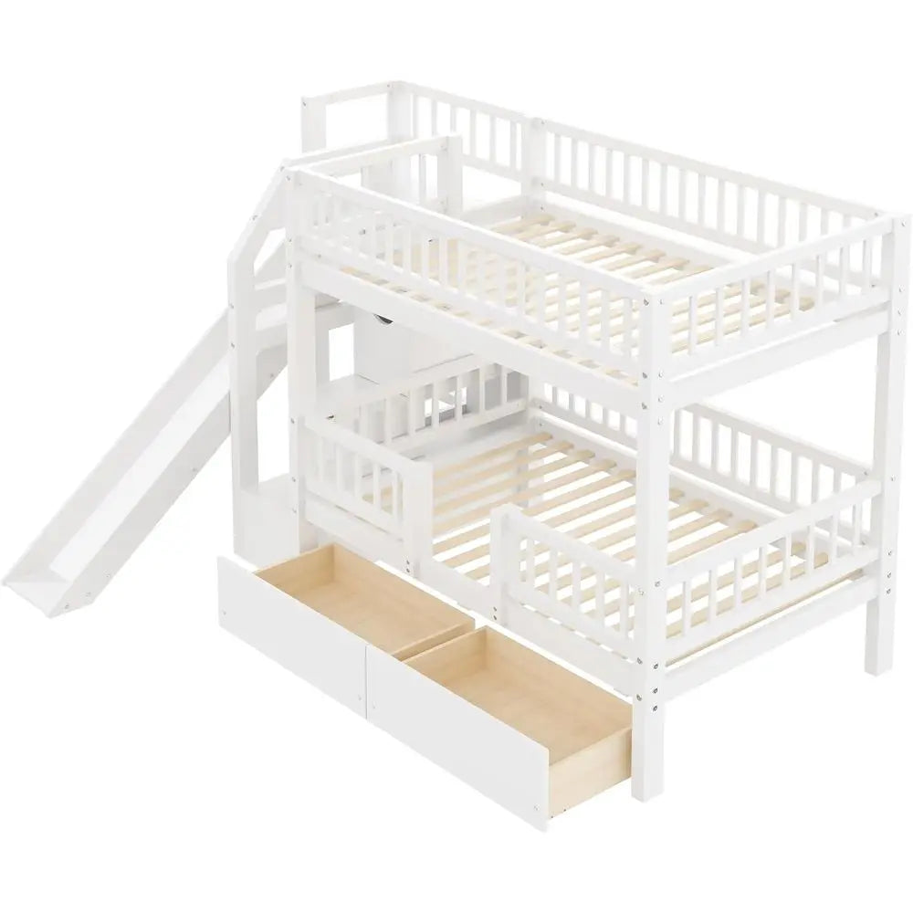 RUNNA Twin Over Twin Bunk Bed with Slide, Storage Drawers & Staircase, Solid Pine Wood, No Box Spring Needed,