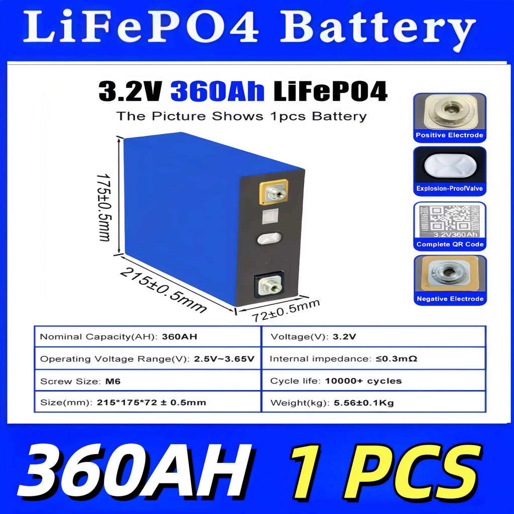 Lifepo4 Battery 3.2V 360AH 340AH 320AH 280AH 100AH for DIY Car Marine Solar Energy Storage 12V 24V 48V Grade A EU US Tax-Free
