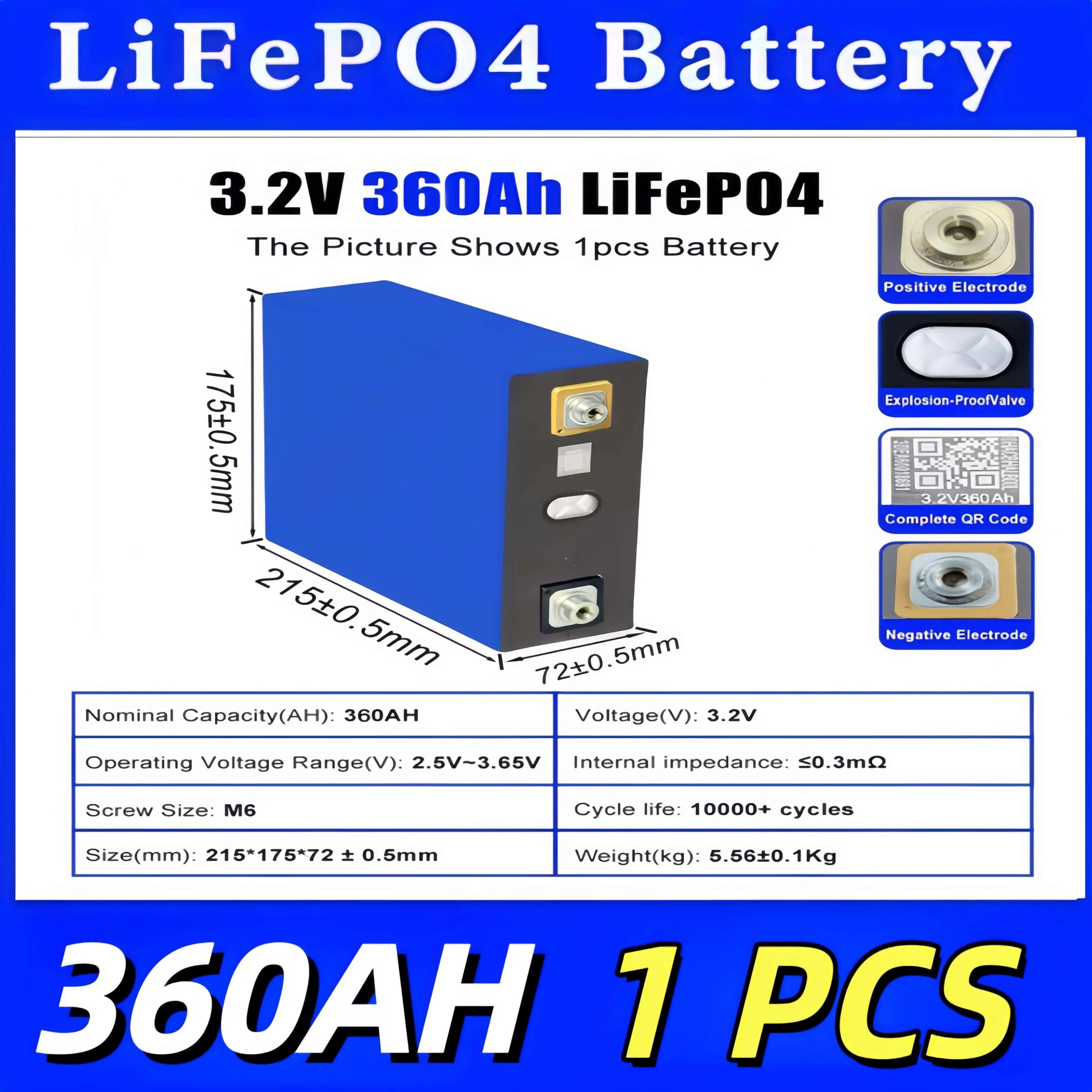 Lifepo4 Battery 3.2V 360AH 340AH 320AH 280AH 100AH for DIY Car Marine Solar Energy Storage 12V 24V 48V Grade A EU US Tax-Free