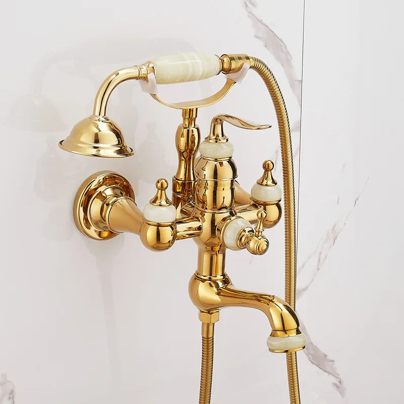 European vintage Brass Bathtub Hot and Cold water faucet with simple triple shower head