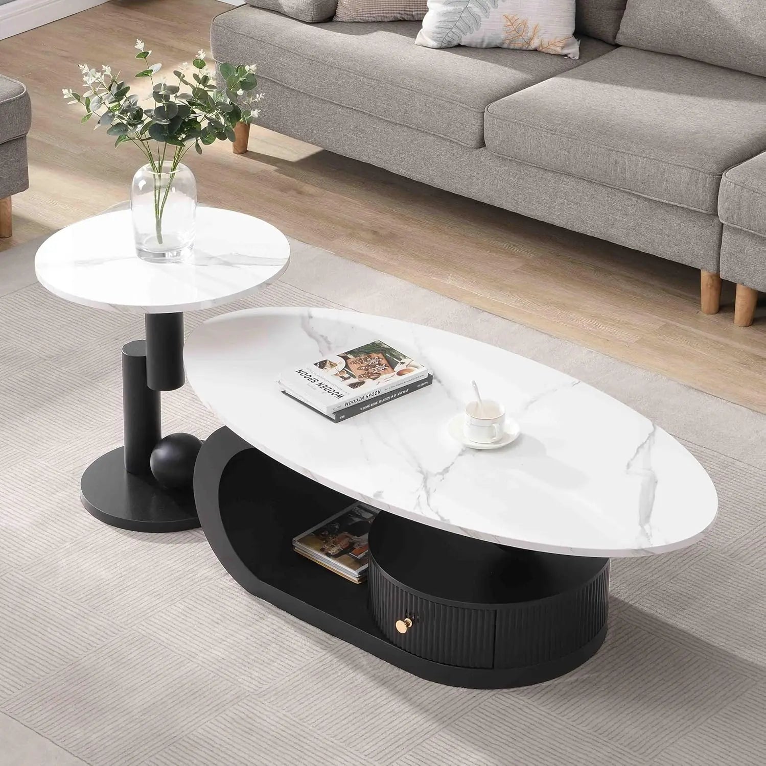 Modern Coffee Table with Silver Stainless Steel Pedestal, Oval Living Room Table with Faux Marble Top